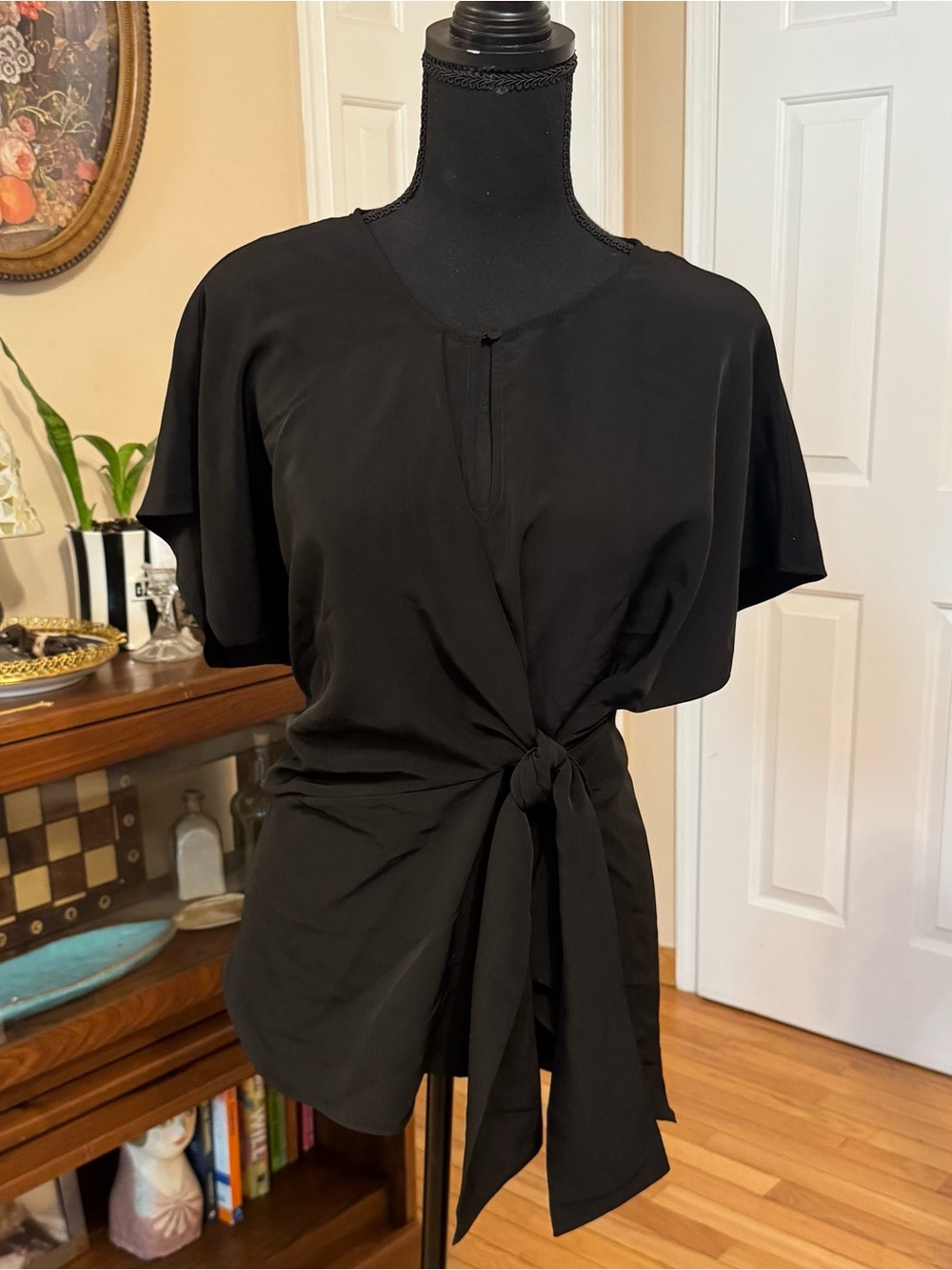 Halston Heritage Black Tie-Waist Blouse